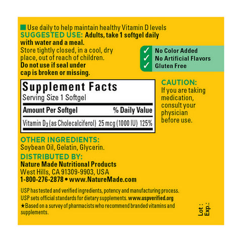 Nature Made, Nature Made D3 Liquid Softgels, 1000 IU, 100 Caps