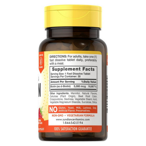 Sundance, Vitamins Ultra Biotin Tablets Natural Berry Flavor, 5000 mcg, 30 Tabs