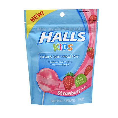 Halls, Kids Cough & Sore Throat Pops Strawberry Flavor, 10 Each