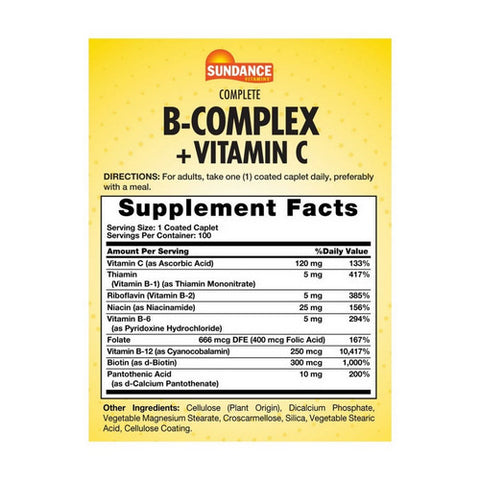 Sundance, Vitamins Complete B-Complex + Vitamin C Coated Caplets, 100 Tabs