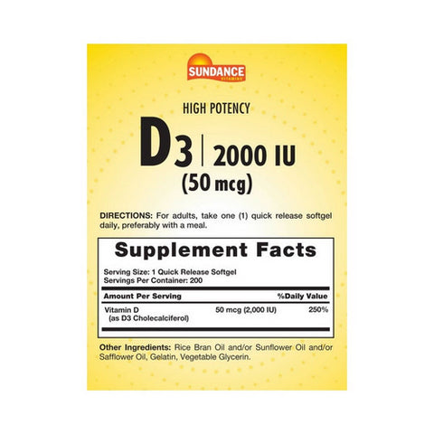 Sundance, High Potency D3 Quick Release Softgels, 2000 IU, 200 Caps