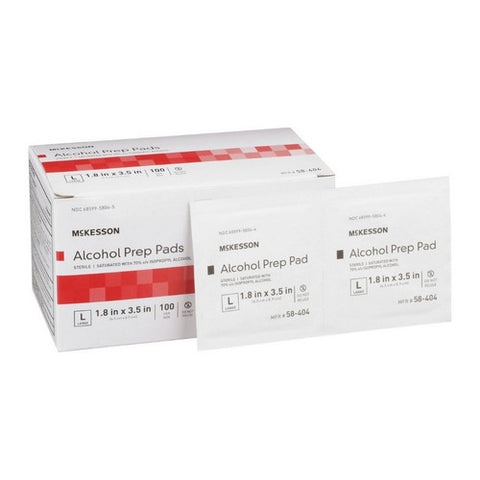 McKesson, Alcohol Prep Pad McKesson Isopropyl Alcohol, 70% Individual Packet Large , 1.8 X 3.5 Inch Sterile, Box Of 100