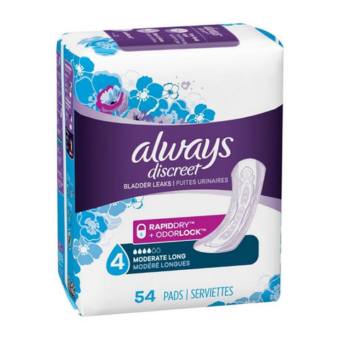 Always Discreet, Bladder Control Pad 13-1/2 Inch Length Moderate Absorbency Absorbent Gel Core, Case Of 3