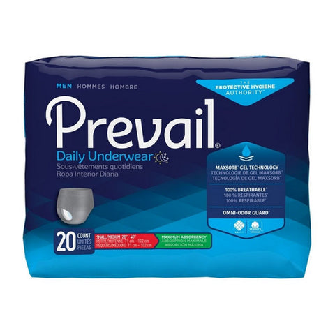 First Quality, Male Adult Absorbent Underwear Prevail  Men's Daily Underwear Pull On with Tear Away Seams Small / M, Count of 20