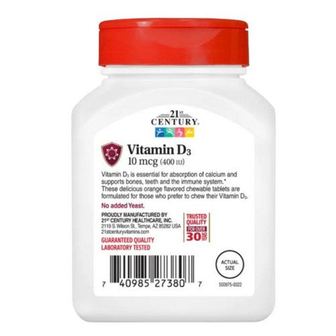 21st Century, Vitamin D3 Orange Chewable, 10mcg, 400 IU 110 Tabs 21st Century