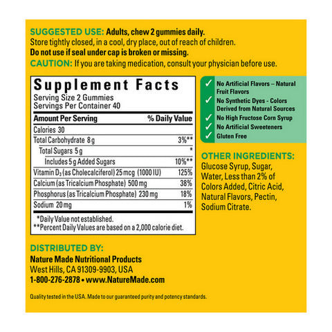 Nature Made, Calcium With Vitamin D3 Gummies Cherry Orange And Strawberry, 250 mg, 80 Gummies