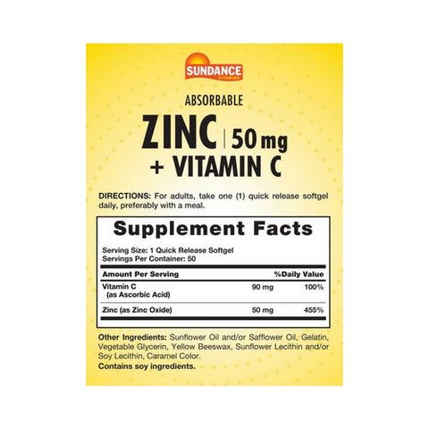 Sundance, Vitamins Absorbable Zinc + Vitamin C Quick Release, 50 Mg, 50 Softgels