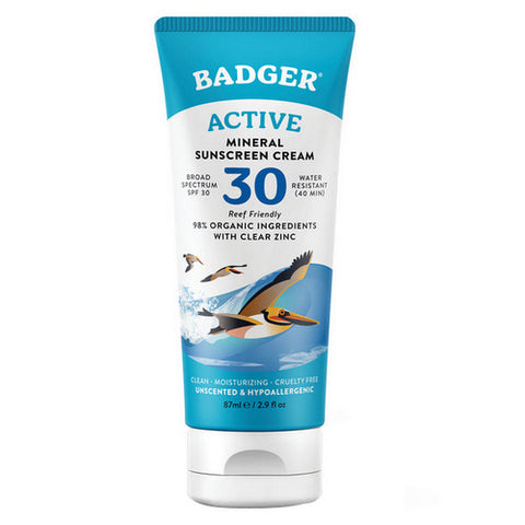 Badger Balm, SPF 30 Active Mineral Sunscreen Cream Unscented, 2.9 Oz