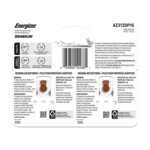 Energizer, Hearing Aid Batteries Size 312, 16 Each