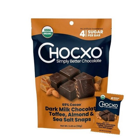 Chocxo, Organic Dark Milk Chocolate Toffee Almond And Sea Salt, 3.45 Oz(Case Of 6)