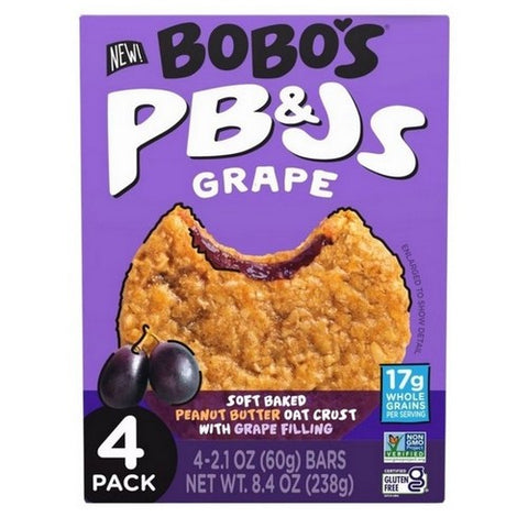 Bobo's Oat Bars, PB&JS Grape Soft Baked Peanut Butter Oat Crust Bars, 8.4 Oz(Case Of 6)