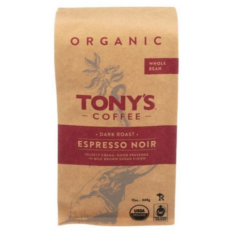 Tonys Coffee, Coffee Espresso Noir Dark Roast Whole Bean Coffee, 12 Oz (Case Of 6)