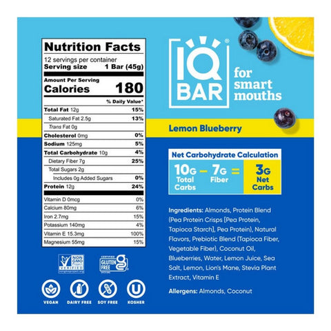IQ Bar, Lemon Blueberry Bar, 1.6 Oz(Case Of 12)