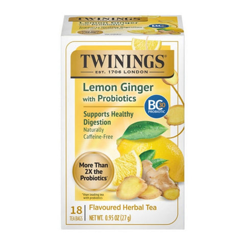 Twinings Tea, Probiotics Plus Lemon and Ginger Herbal Tea, 18 Bags(Case Of 6)