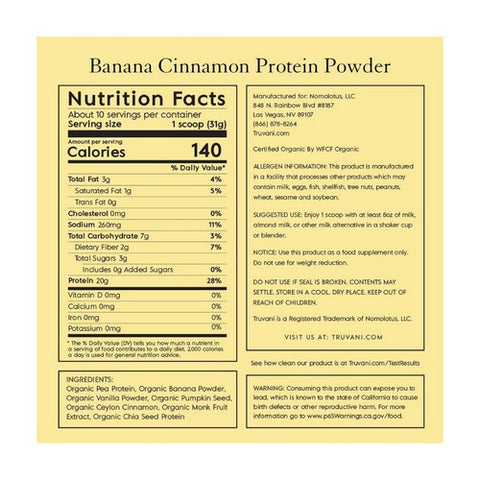 Truvani, Organic Plant Protein Powder Banana Cinnamon, 11.1 Oz