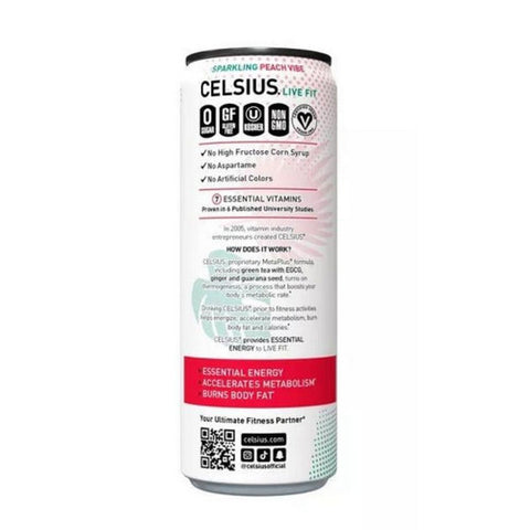 Celsius, Live Fit Peach Vibe Sparkling White Peach Edition, 12 Oz (Case Of 12)