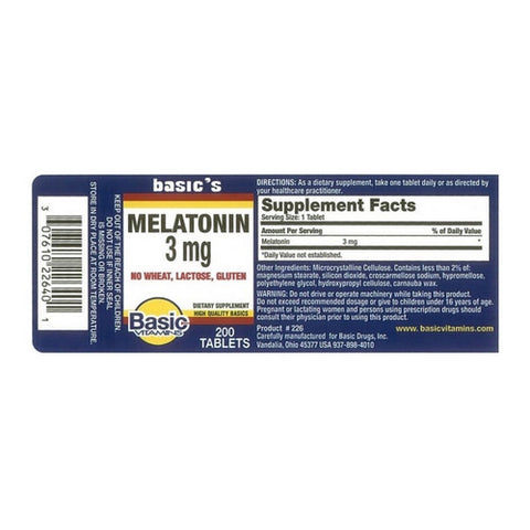 Basic Vitamins, Melatonin Tablets, 3 Mg, 200 Count