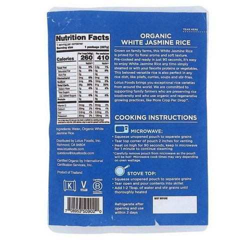 Lotus Foods, Organic White Jasmine Heat And Eat Rice Pouch, 8 Oz