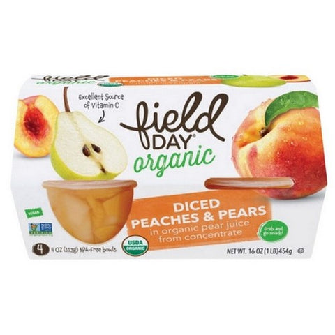 Field Day, Organic Fruit Cups Diced Peaches And Pears, 4 Oz X 4 Count (Case Of 6)