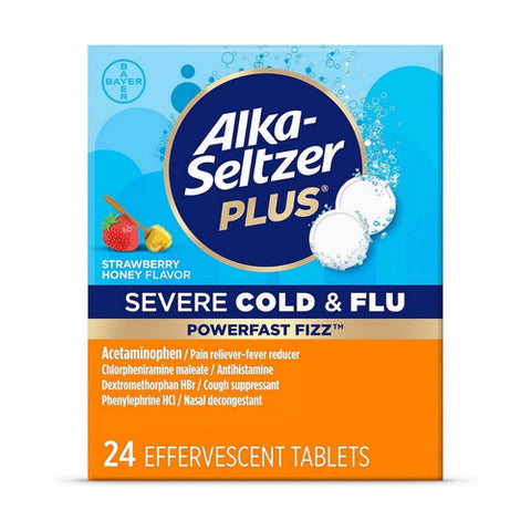 Alka-Seltzer, PowerFast Fizz Severe Cold And Flu Medicine Strawberry Honey Effervescent Tablets, 24 Count (Case Of 3)