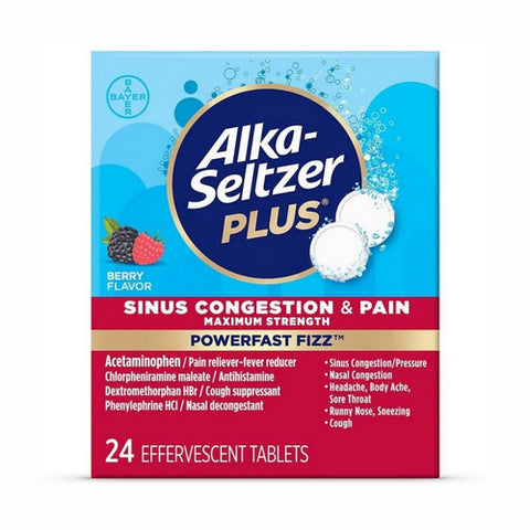 Alka-Seltzer, Sinus Congestion And Pain Powerfast Fizz Berry flavor, 24 Count (Case Of 3)
