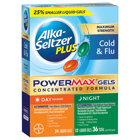 Alka-Seltzer, Power Max Day Night Maximum Strength Cold And Flu Liquid Gels, Adults and Children 36 Count (Case Of 3)