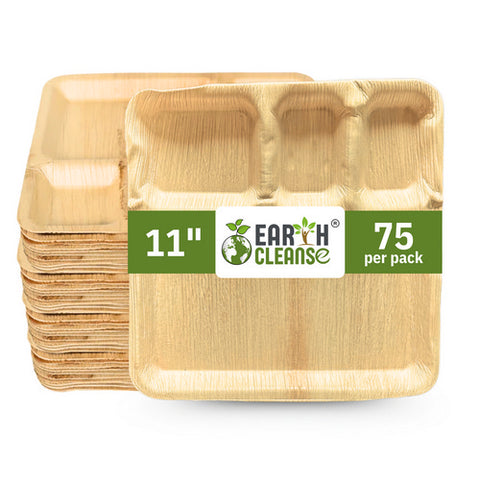 Earth Cleanse, Areca Palm Leaf Square Partition Plates 11-Inch, Pack of 75