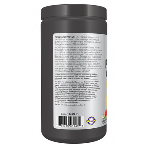 Now Foods, Pre-Workout Advanced Energy Powder, 600 Grams