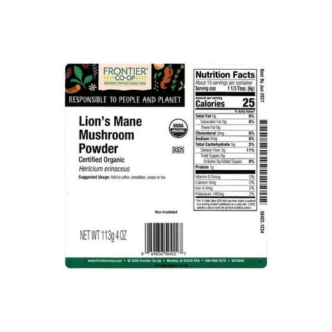 Frontier Co-op, Organic Lions Mane Mushroom Powder, 0.25 Lb