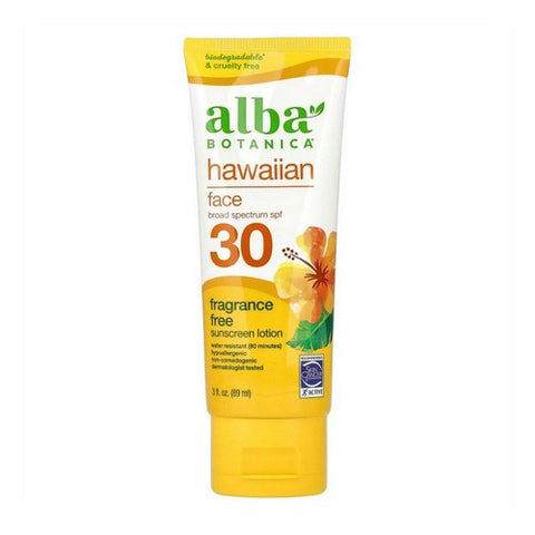 Alba Botanica, Hawaiian Face Sunscreen SPF 30 Fragrance Free, 3 Oz