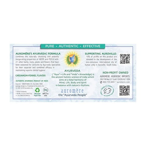 Auromere, Ayurvedic Herbal Toothpaste Non Foaming Cardamom-Fennel, Non-foaming Sls Free 4.16 Oz